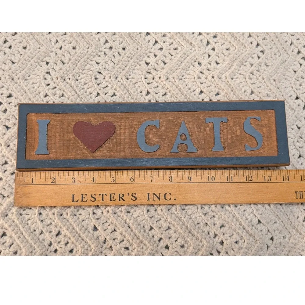 JCPenney Rustic Wood I Heart Cats Wall Sign Plaque Primitive Home Decor 14x3.5